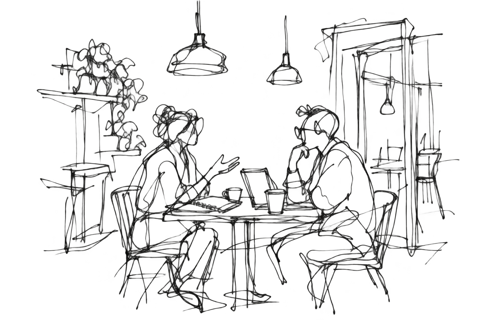 Two people sharing an idea over a notebook and coffee